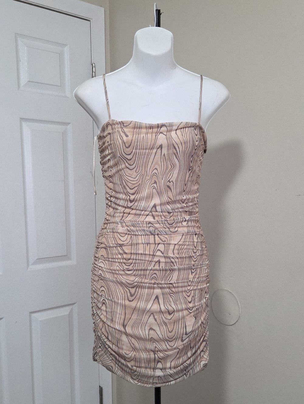 Dynamite Beige Marble-Print Ruched Slip Mini Dress